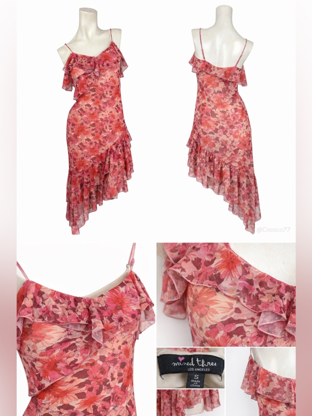 Women’s Floral Ruffle Dress Small Asymmetrical Hem Feminine Spring Summer flowy - Picture 7 of 8